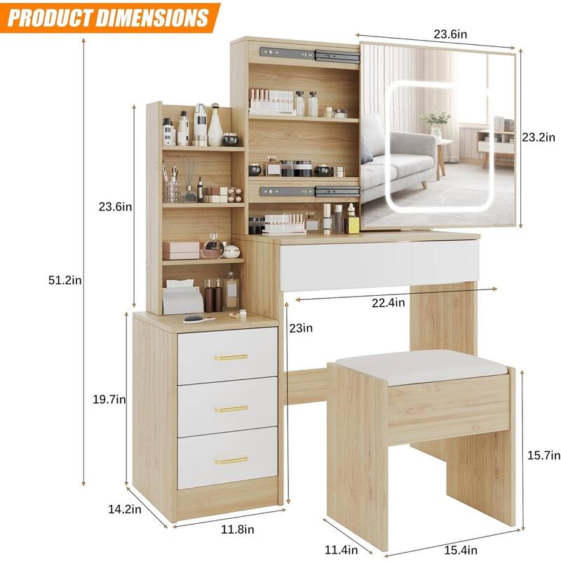 4 Drawers Dressing Table, Makeup Vanity Desk with 3 Color Adjustable Lights Mirror for Bedroom