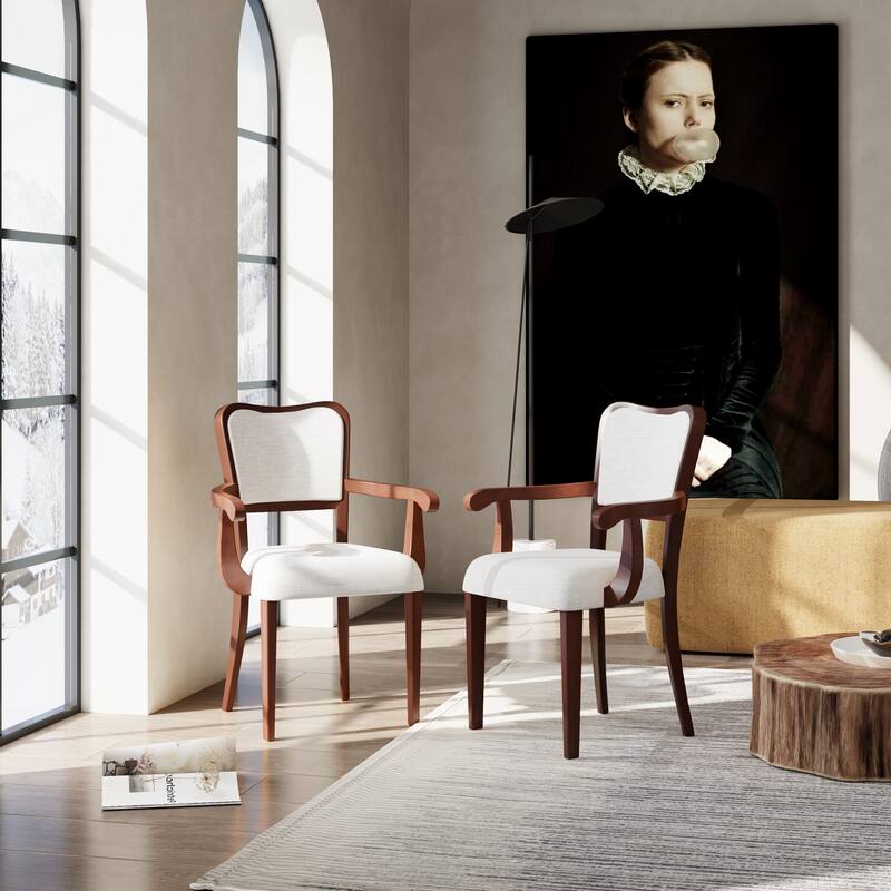 Modern Fabric Dining Armchair with Walnut Finish, Upholstered Arms and Hardwood Frame, for Dining Room or Kitchen, Set of 2 - Beige