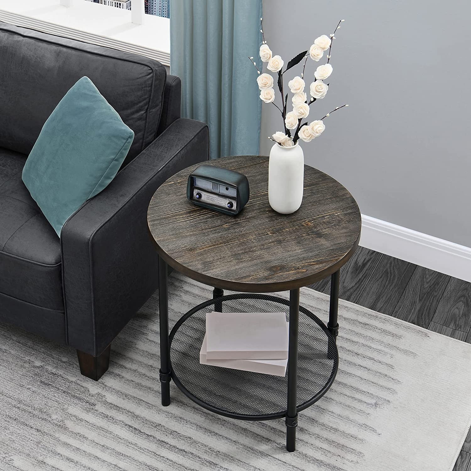 Round Industrial End Table, 2-Tier