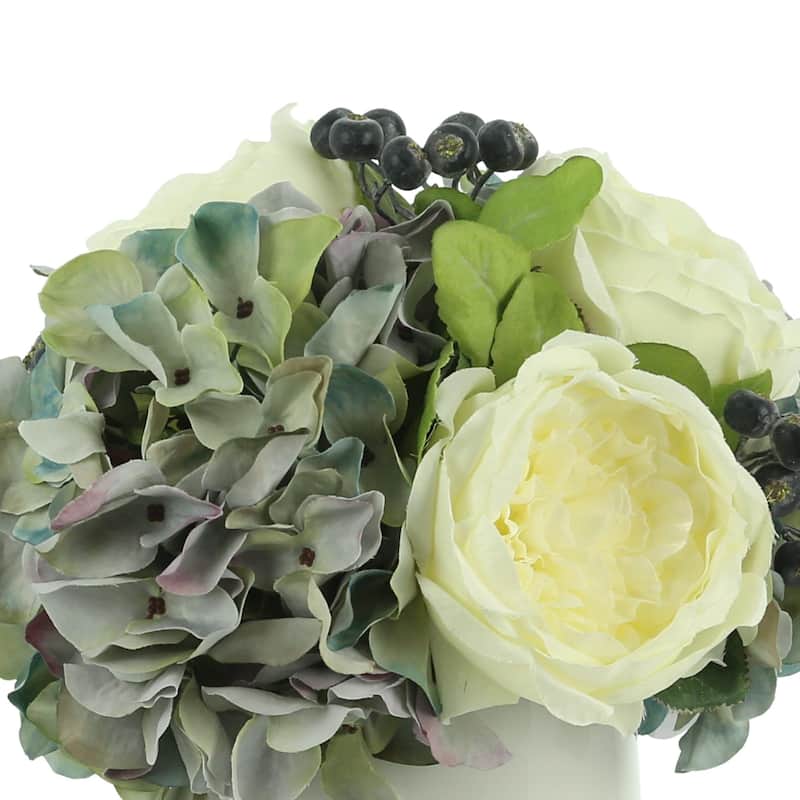 Hydrangeas, Peony and Blueberry in a Round Pot - White, Blue