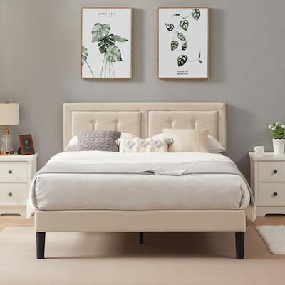 VECELO Bed Frame with Adjustable Headboard Upholstered Button Tufted Platform Bedframe with Wood Slats Support