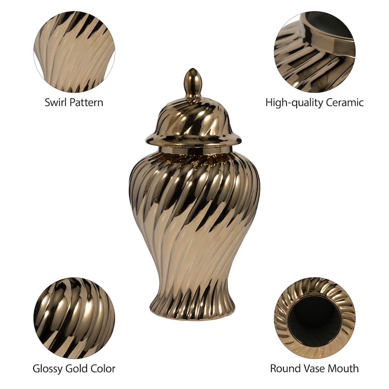 Sagebrook Home Ceramic 20" Swirl Temple Jar, White/Gold, Cylinder, 20"H, Swirl - 11" x 11" x 20"