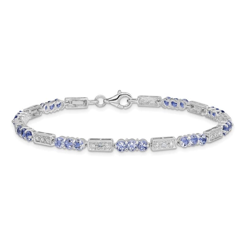 Curata 925 Sterling Silver Rhodium Vintage Aquamarine, Tanzanite or Sapphire and Diamond Bracelet
