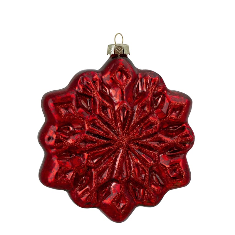 4ct Red Silver Glass Snowflake Christmas Decorations 3.75-"" (100mm)