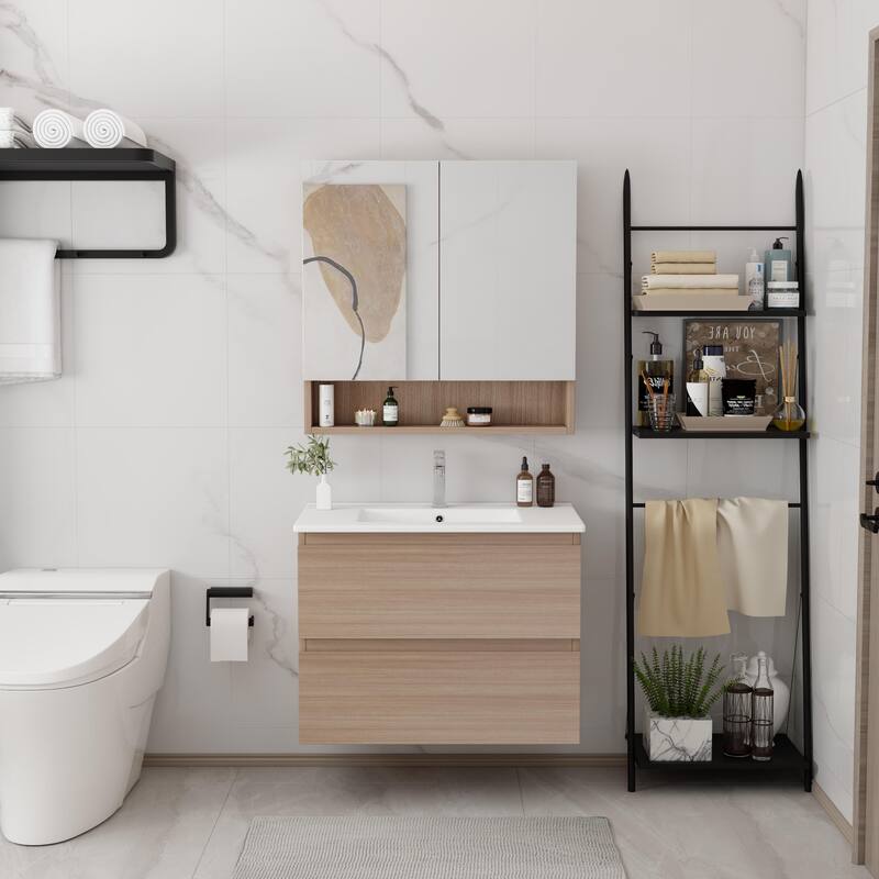 CB HOME 24''/30''/36''/48''/60'' Wall Mounted Bathroom Vanity with Sink, OAK Floating Bathroom Vanity Cabinet with Sink,Drawers. - 36''X18'' - OAK