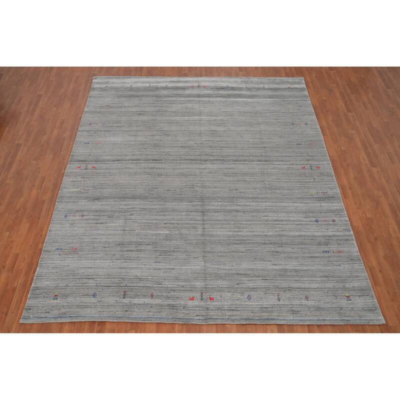 Hand Knotted Oriental Viscose Silk Carpet Tribal Animal Pictorial Greys & Charcoal Gabbeh Area Rug - 11' 10'' X 9' 11''