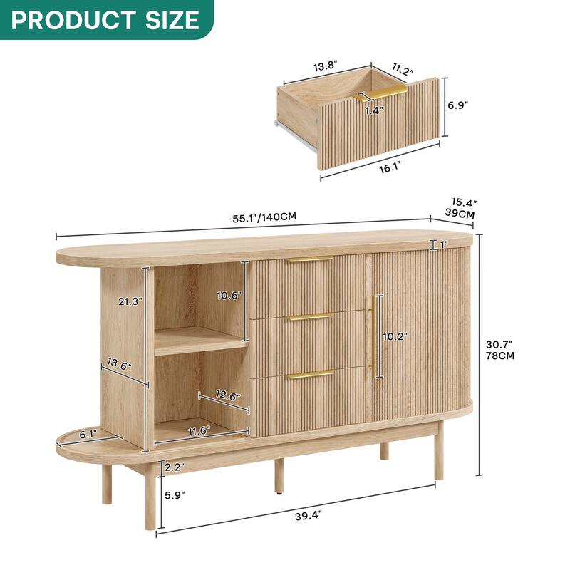 Moasis 55" Mid-Century Modern Fluted Sideboard Coffee Bar Storage Cabinet w/3 Drawers and Sliding Doors