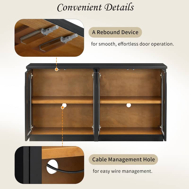 4-Door Large Storage Buffet Cabinet with Glass Doors, Adjustable Shelves and Arched Design for Kitchen, Dining Room