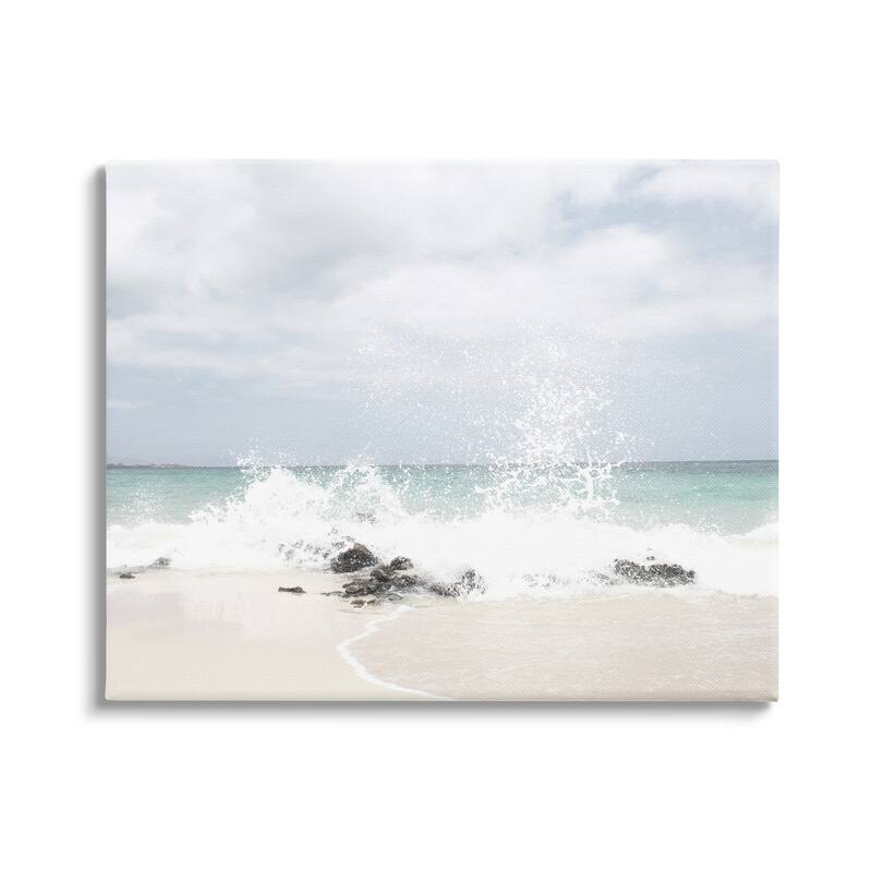 Stupell Tropical Sea Coast Wave Splash Rocky Sand Beach Canvas Wall Art - Blue - 20 x 16