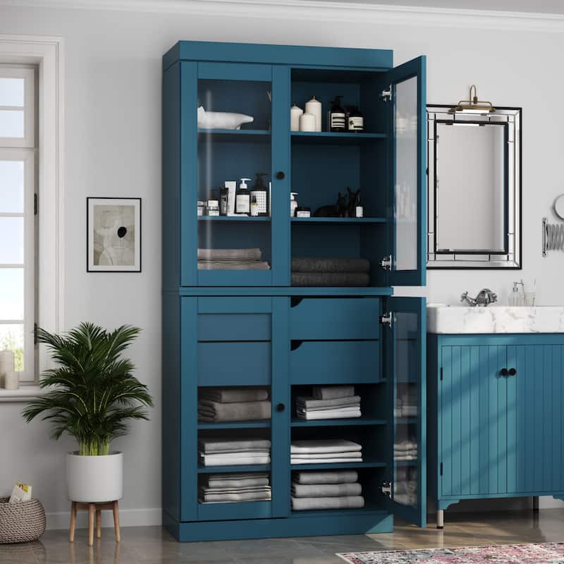 Palace Imports 100% Solid Wood Bathroom Storage Cabinet, Clear Glass Doors, 2 Drawers, Adjustable Shelves, 32" Wide, 71.5" Tall