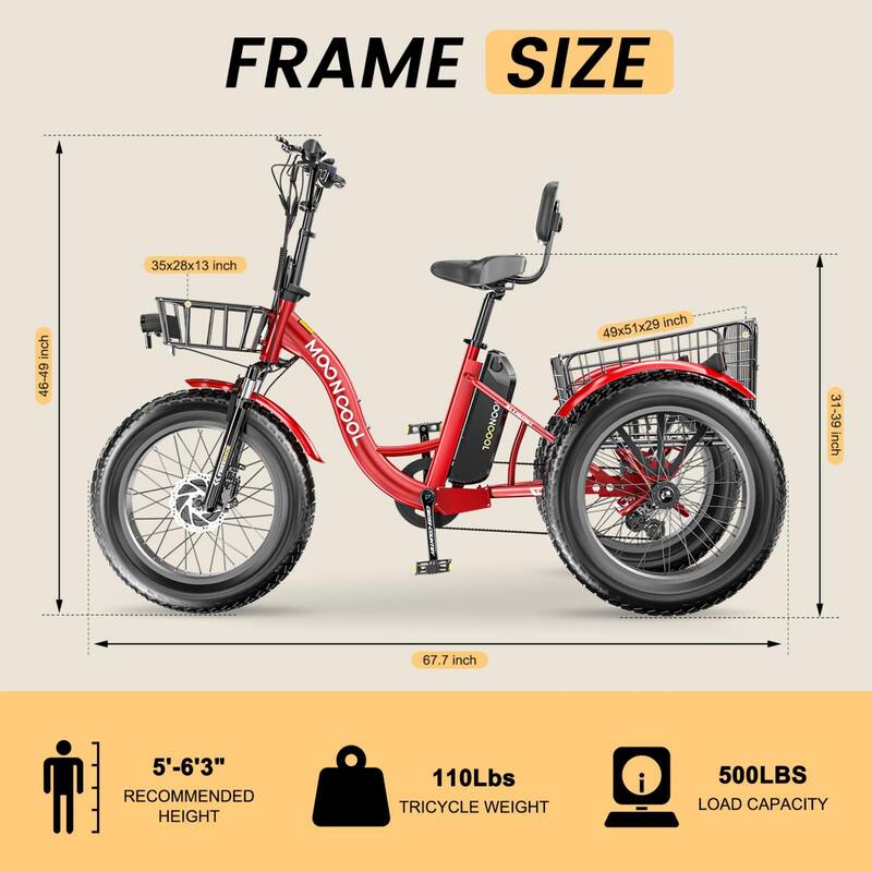 DoCred 20"x4" Fat Tire Electric Tricycle, 48V 500W with 7 Speed Ebike