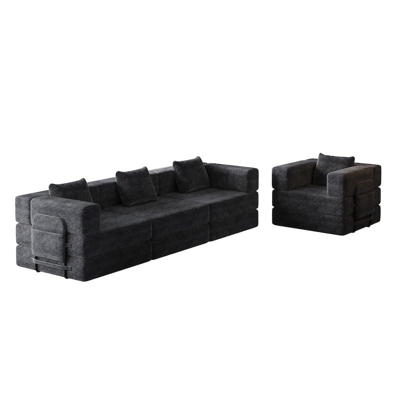 Corduroy Modular Sleeper Sofa Bed with Side Pockets and Anti-slip Pads