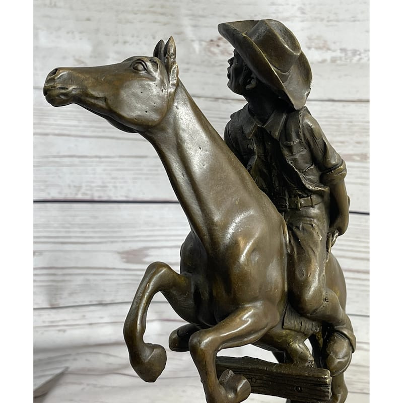 Cowboy On Horseback Hopping A Fence Bronze Sculpture Statue Western Decor