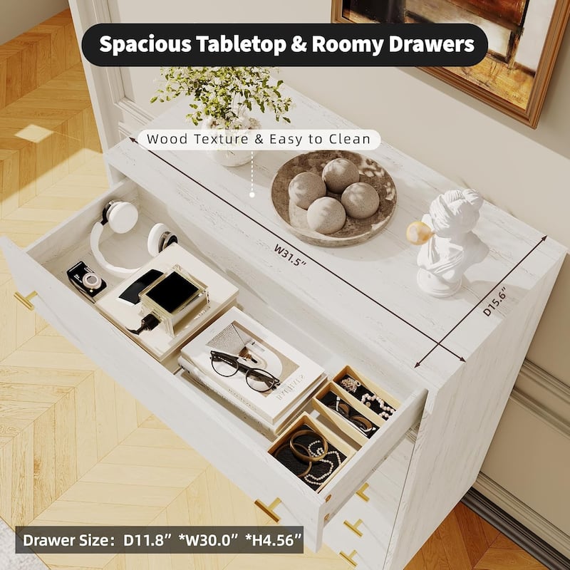 Farmhouse 5 Drawer Dresser, 44" Tall White Wood Chest with Bar Handles and Rustic Texture for Bedroom, Living Room