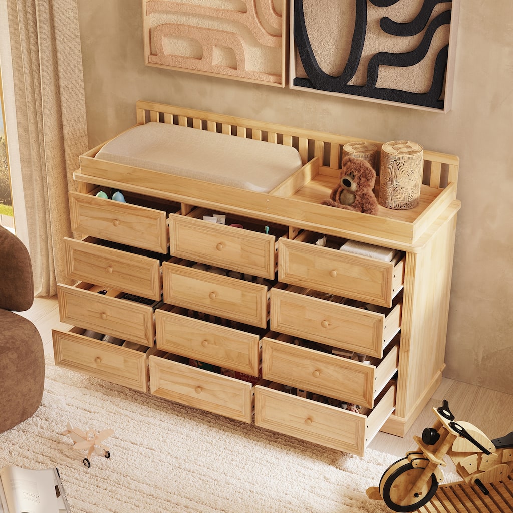 Extra Wide Solid Pine Wood 12-Drawer Changing Table Dresser – 59.9" Real Wood Nursery Dresser with Removable Topper