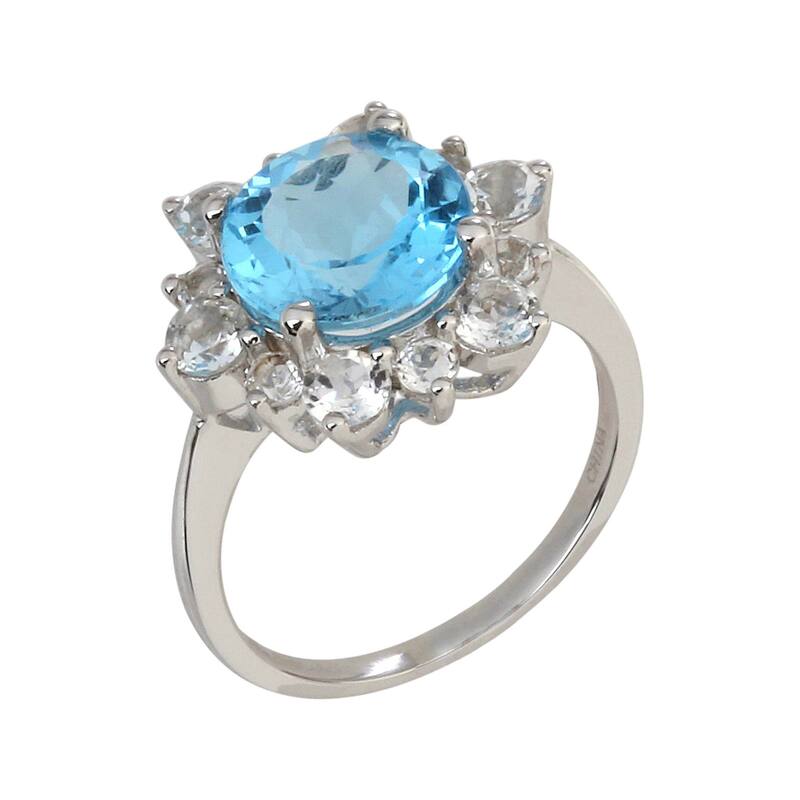 925 Sterling Silver Swiss Blue Topaz and White Cz Ring - 8