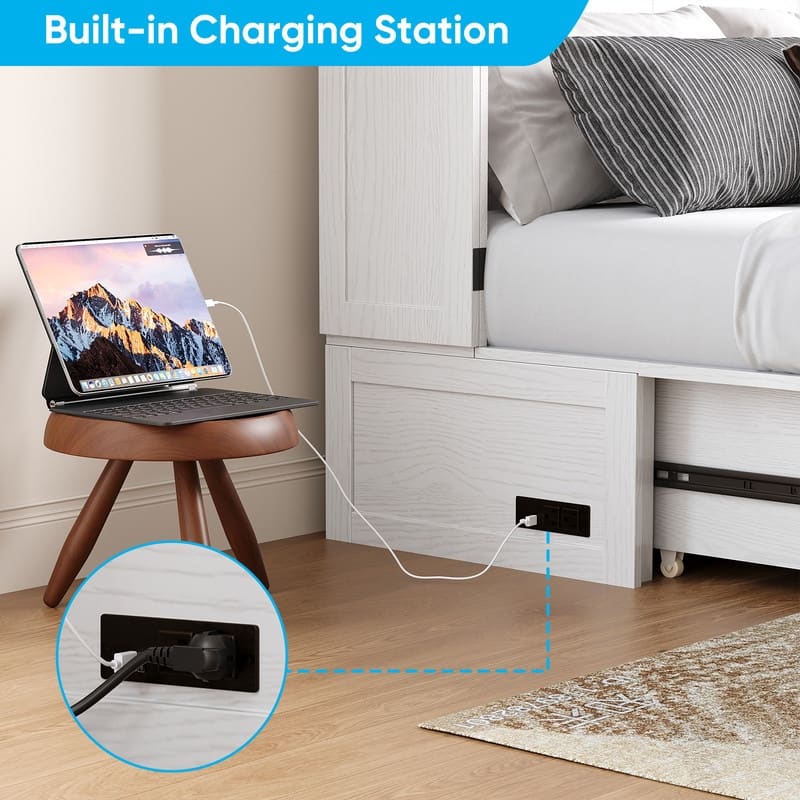 Mixoy Queen Modern Murphy Bed Chest with Mattress,Storage Drawer,Charging Station