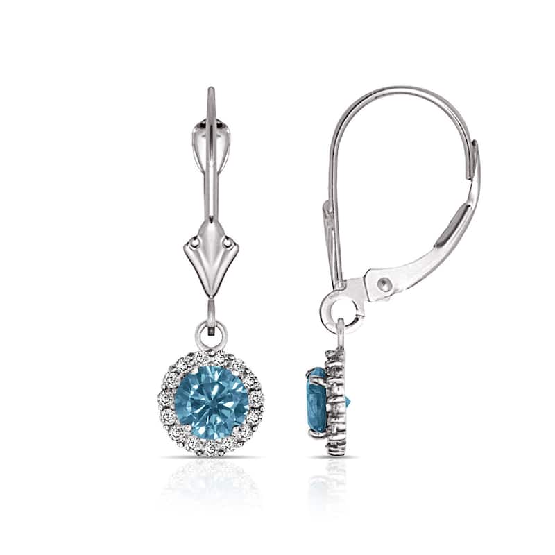 Curata Solid 14k White Gold Birthstone Round Cubic Zirconia Halo Dangle Leverback Earrings (6mm x 25mm)