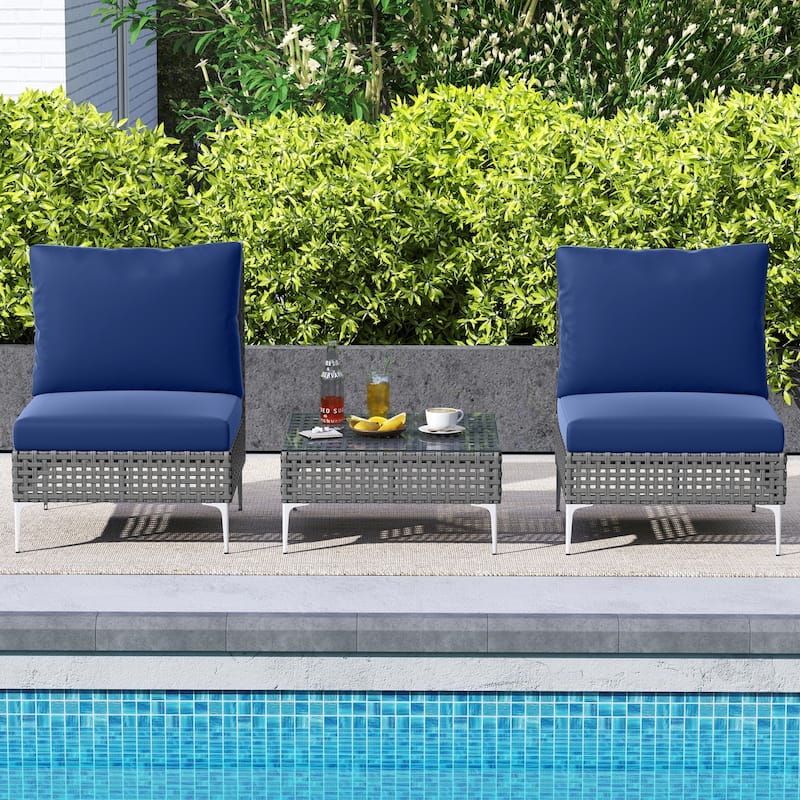 3 Piece Grey Rattan Conversation Chair Patio Set with Blue Cushions Metal Frame and Glass Table - Chair: 26" × 24" × 26"