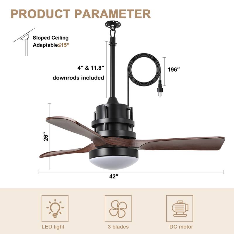 Bella Depot 42" Black Outdoor Ceiling Fan with Dimmable Light and Remote APPControl 6-Speed Reversible Blades