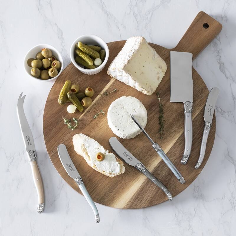 French Home Laguiole Cheese Knife and Spreader Set with Mother of Pearl Handles and Wood Board