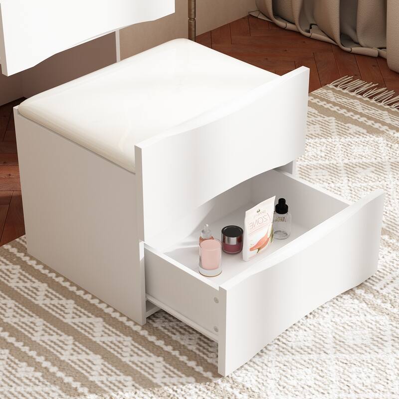 Vanity Set LED Mirror Storage Stool Adjustable Lighting Glass Top