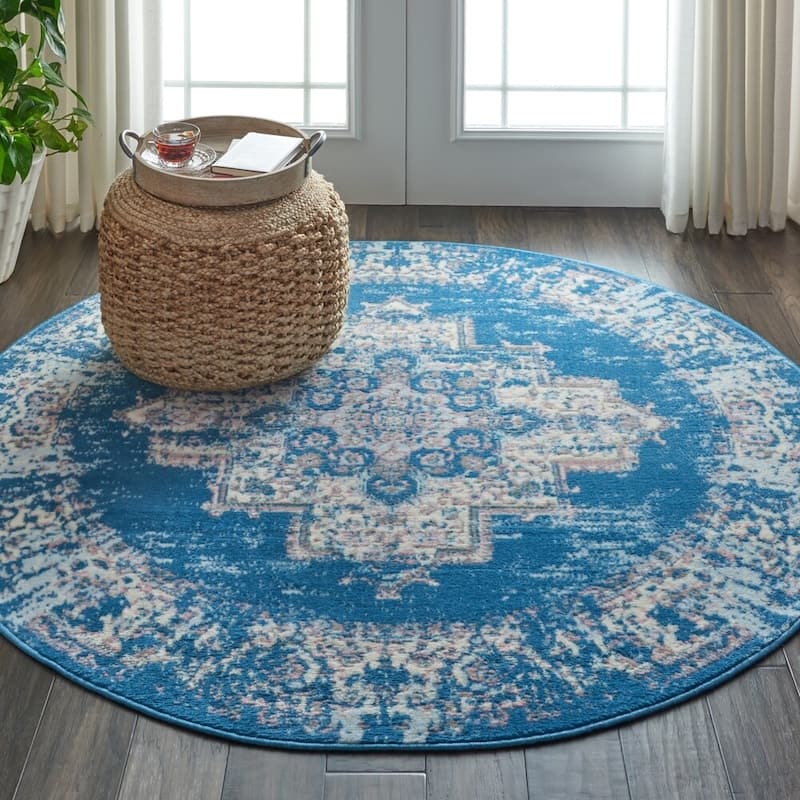 Nourison Grafix Distressed Vintage Medallion Area Rug - 5'3" Round - Aqua Blue