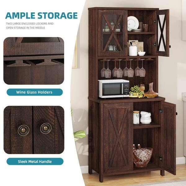 Farmhouse Sideboard Buffet Cabinet With Lights & Charging - 3 Drawers, 2 Doors, Rustic Brown