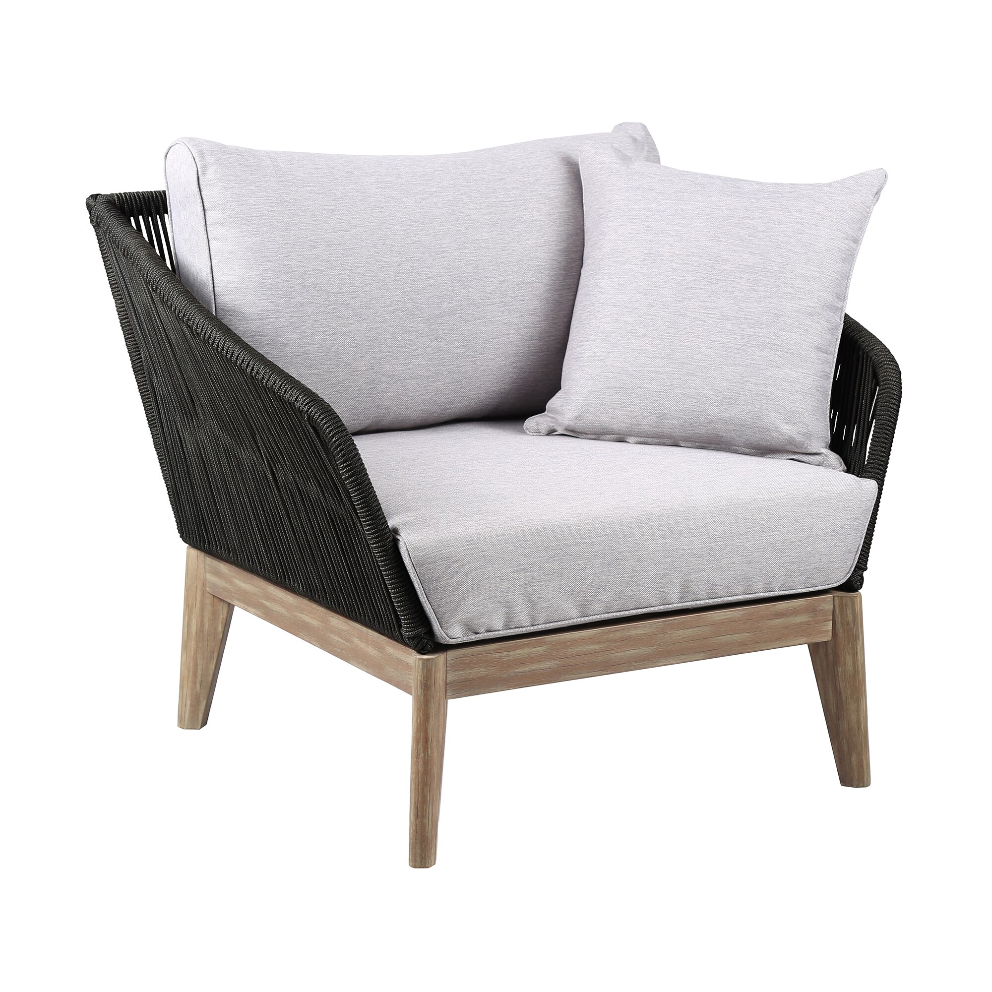 Athos Indoor Outdoor Club Chair In Eucalyptus Wood With Rope And Grey Cushions