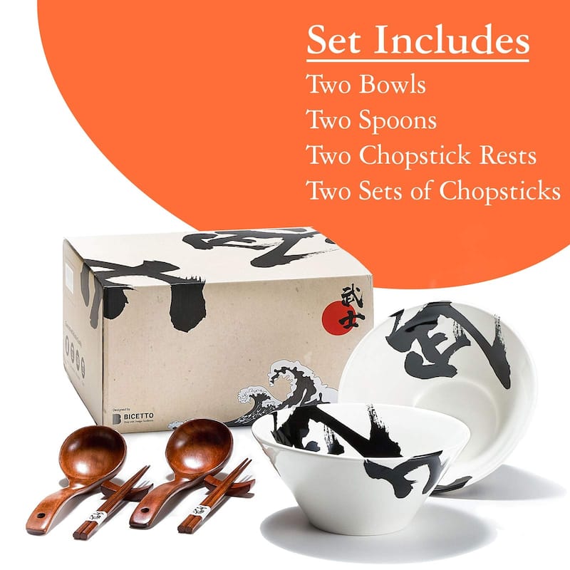 Ceramic Japanese Ramen Bowl Set, 60oz Large Ramen Bowls with Chopsticks, Spoons and Chopstick Rests Bowl Salad, Poke, Soup, Udon