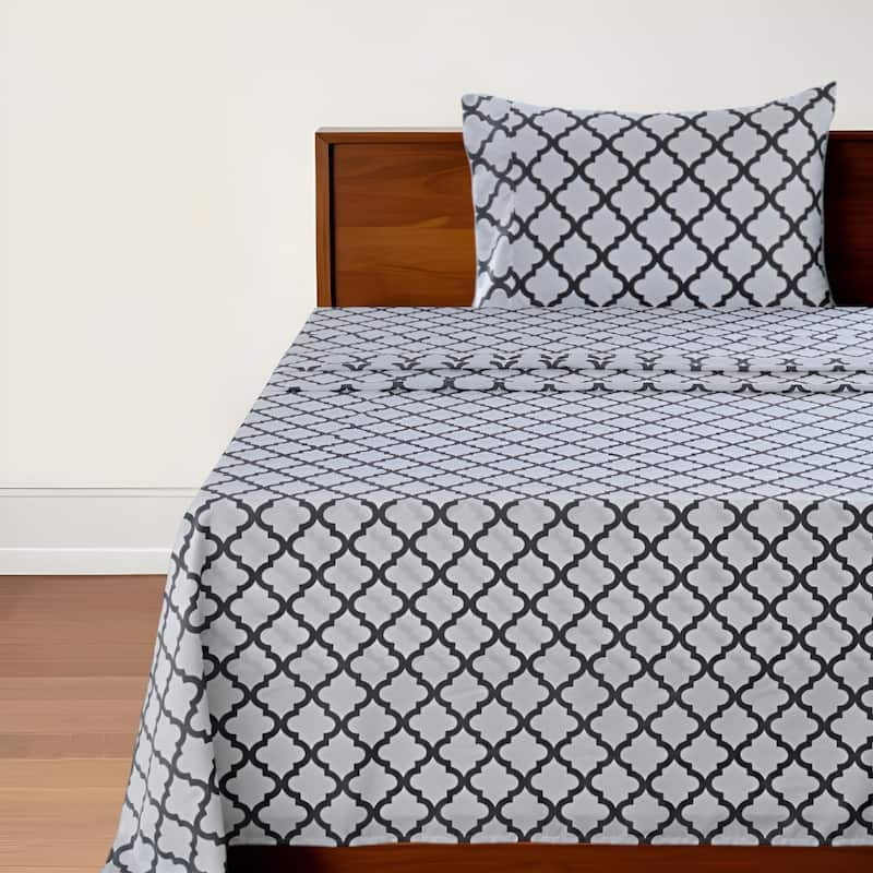Three Piece White and Charcoal Quatrefoil Microfiber Twin XL Sheet Set - White and Charcoal - Twin Extra Long