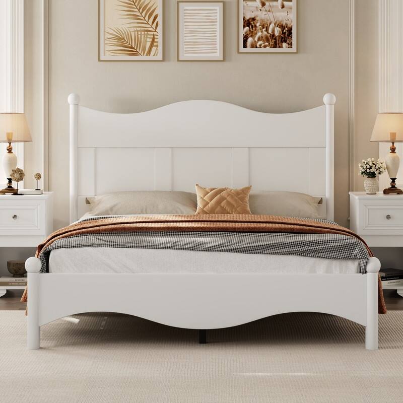 Elegant Queen Size Wood Platform Bed with Wooden Slat Support - White