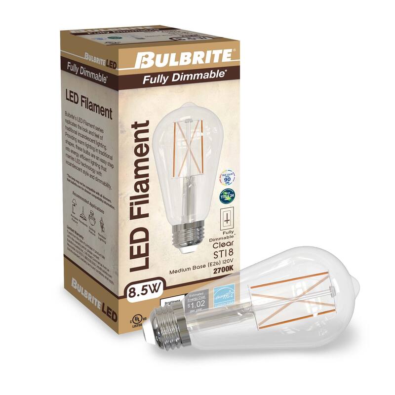 Bulbrite Pack of (2) 8.5 Watt Dimmable Clear Filament ST18 Medium (E26) LED Bulb
