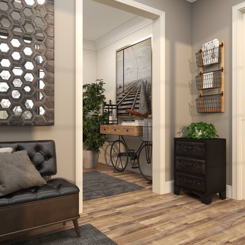 Black Metal 3 or 2 Slot Magazine Rack Holder with Wood Frame and Suspended Wire Baskets