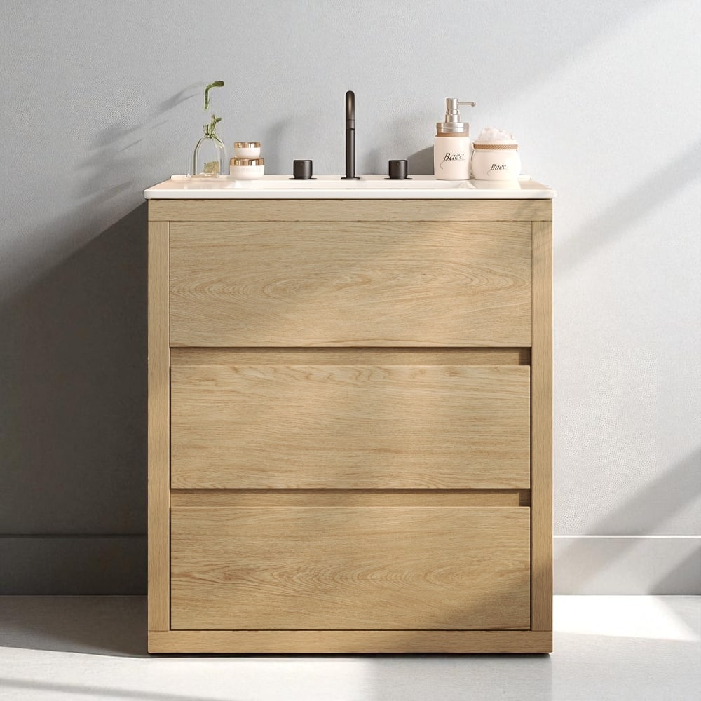 30" Freestanding Bathroom Vanity with Ceramic Sink, 2 Soft Close Drawers, Beveled Handleless Design