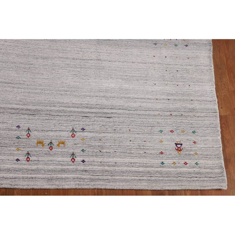 Striped Gray Gabbeh Indian Area Rug Hand-Knotted Wool Carpet - 8'7" X 9'7"