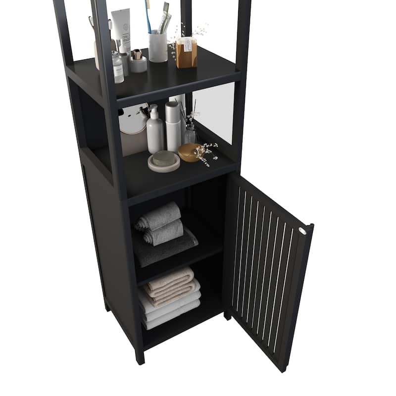 BLACK Storage Tall Slim Cabinet with Shutter Door and 3 Tier Shelves, Freestanding Linen Tower Cabinet for Living Room,