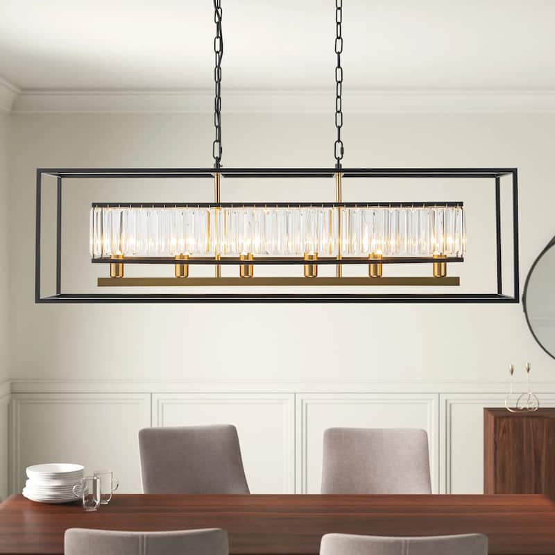 6-Light Modern Black&Gold Rectangular Crystal Large Chandelier for Dining/Living Room - 39.37 in. W x 11.02 in. H x 11.81 in. D