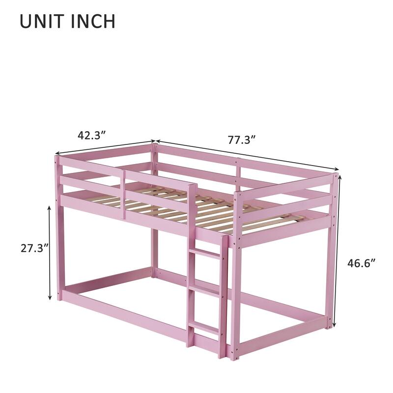 Solid Rubber Wood Twin Over Twin Floor Bunk Bed with Ladder, Low Height Design and Strengthened Slat Support