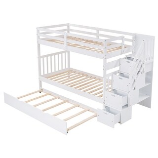 Twin Over Twin/Full Wood Bunk Bed with Twin Trundle & Storage Stairway ...