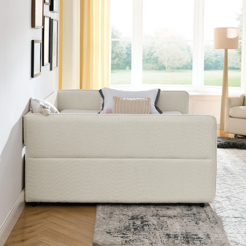 Queen Size Upholstered Tufted Daybed with Trundle and Two Drawers, Beige Boucle Fabric Sofa Bed
