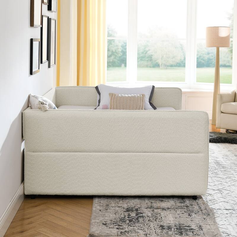 Roomfitters Queen Boucle Daybed with Trundle, Two Storage Drawers and Upholstered Sofa Bed Frame