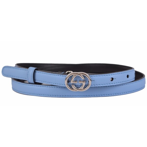 Gucci Women's 370552 Blue Leather Interlocking GG Buckle Skinny Belt 34 85