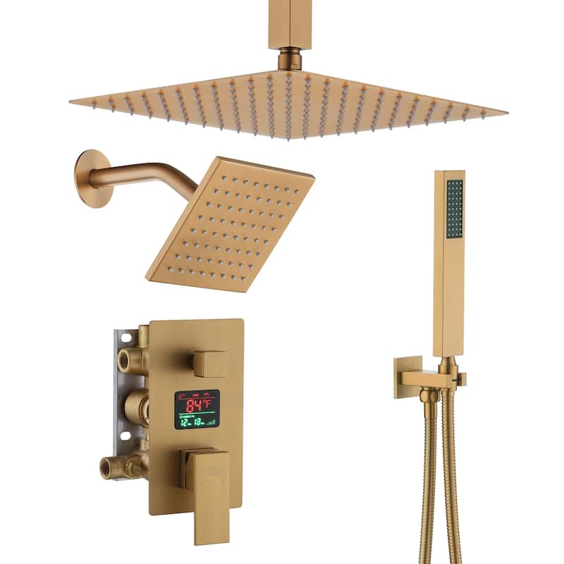 CASAINC Dual Heads 12 Inch Ceiling Mounted Square Shower Head Shower System with Handheld Shower Digital Display Shower
