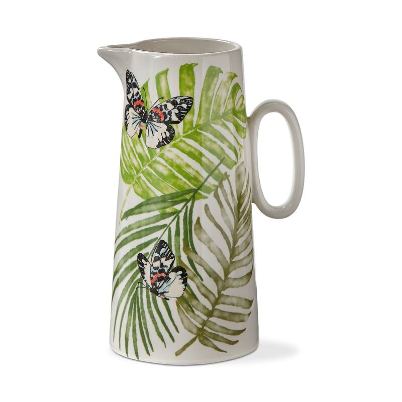 Palm + Butterfly Printed Glazed Stoneware Water Beverage Pitcher, 54 oz