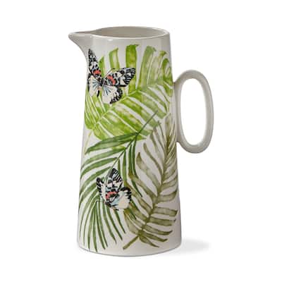 Palm + Butterfly Printed Glazed Stoneware Water Beverage Pitcher, 54 oz
