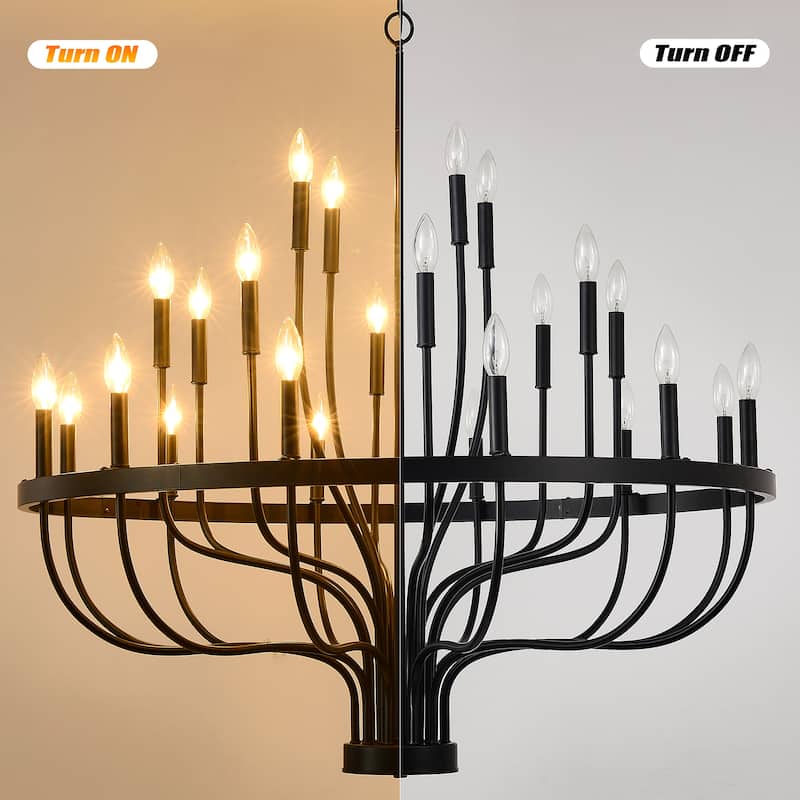 Farmhouse Suspended Pendant Light Fixture 24-Light Black Industrial Iron Candle Chandelier, for Dining Room, Living Room