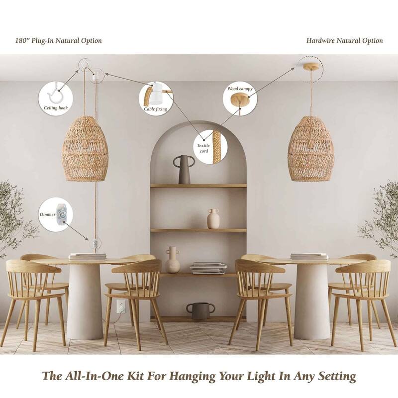 Callie Rattan Pendant Light - Natural Bell 1-Light Handwoven Ceiling Light For Modern, Transitional, Farmhouse Room Decor