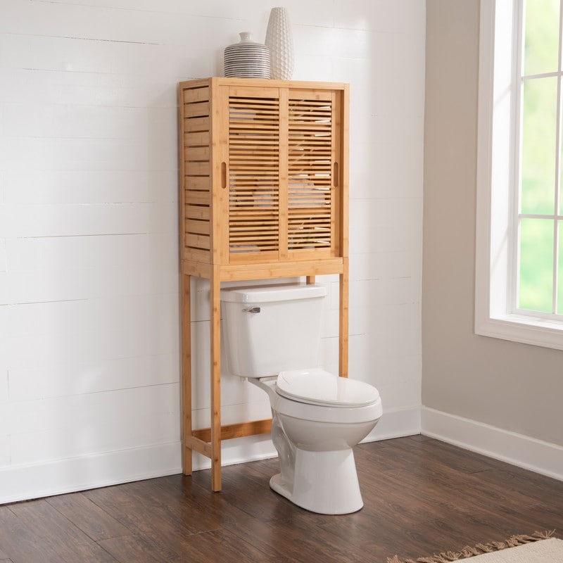 VEIKOUS Bamboo Over-The-Toilet Storage Cabinet Bathroom Organizer with Shelf  and Cupboard - On Sale - Bed Bath & Beyond - 34310906