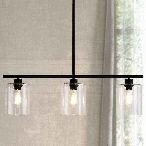 3-Light Black Modern Industrial Linear Kitchen Island Pendant with Glass Shade